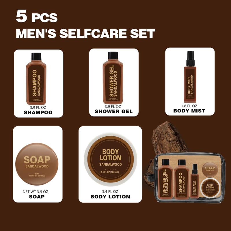 Sandalwood Bath & Body Gift Set for Men - 6 Travel Size Items