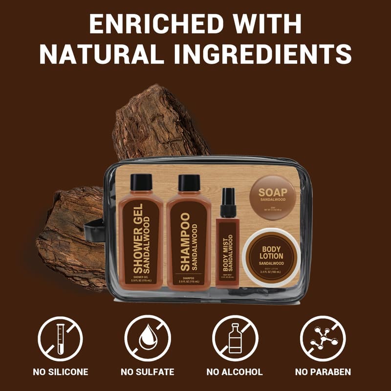 Sandalwood Bath & Body Gift Set for Men - 6 Travel Size Items