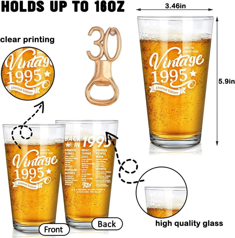 30th Birthday Beer Glass - Vintage 1995 Pint Cup