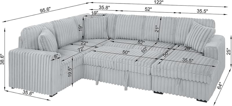 Convertible Sleeper Sofa with USB Ports and Storage, Grey
