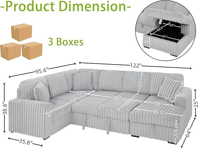 Convertible Sleeper Sofa with USB Ports and Storage, Grey