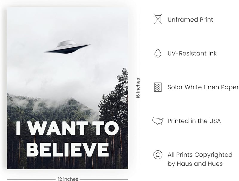 I Want to Believe UFO Poster - Sci-Fi Wall Art (Framed, 12x16)