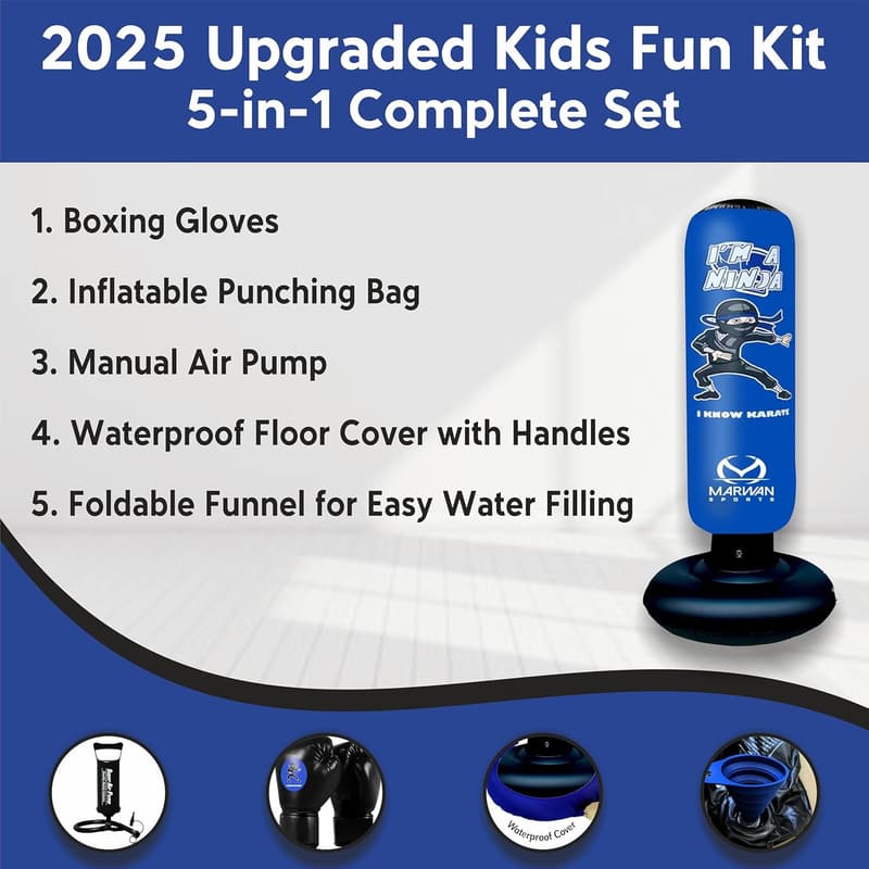 Kids Inflatable 5-in-1 Punching Bag Set – Durable with Gloves & Pump