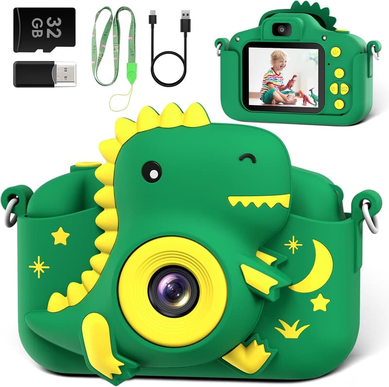 Dinosaur Digital Camera for Kids Ages 3-12, 1080P HD Video
