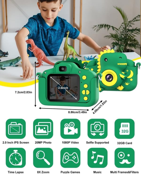 Dinosaur Digital Camera for Kids Ages 3-12, 1080P HD Video