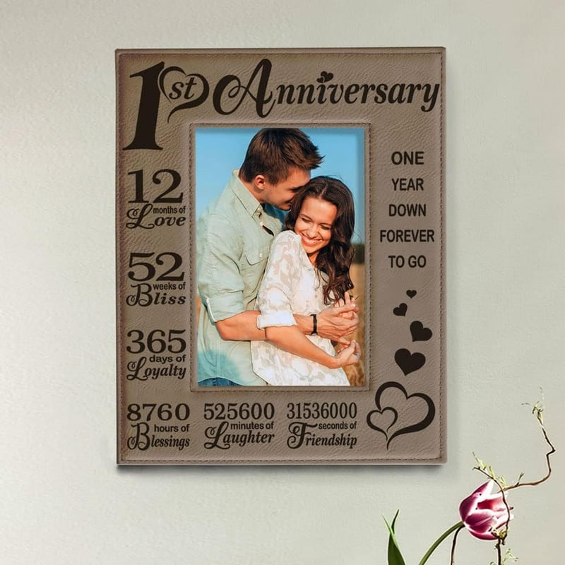 1st Anniversary Engraved Leather Picture Frame for Couples
