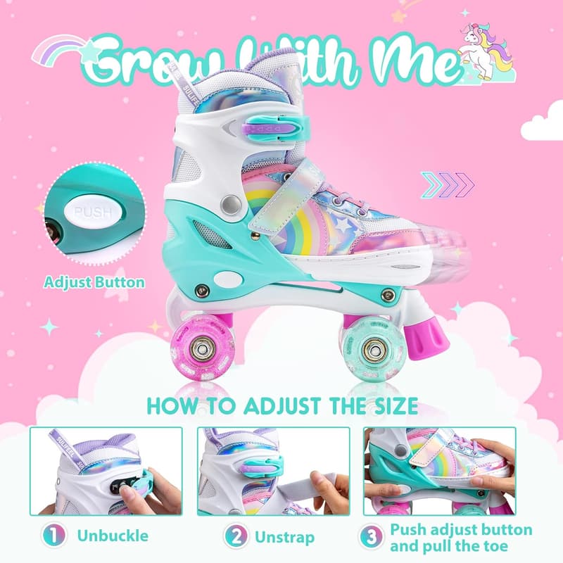 Adjustable Rainbow Unicorn Light-Up Roller Skates for Kids