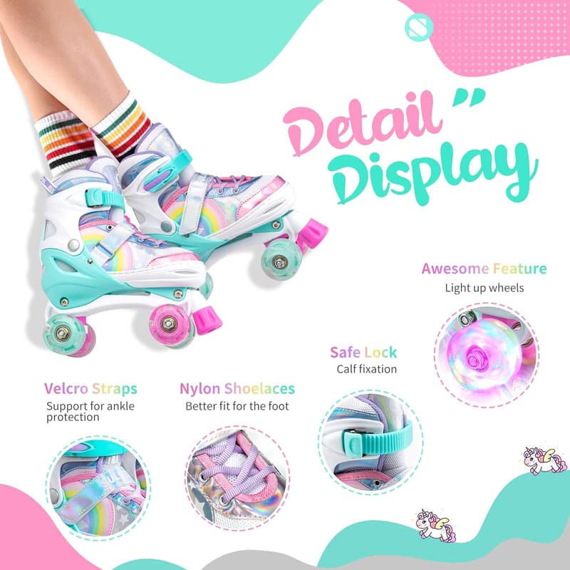 Adjustable Rainbow Unicorn Light-Up Roller Skates for Kids
