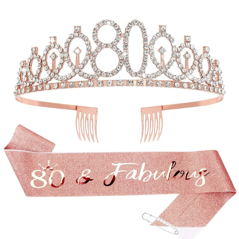 80th Birthday Crown & Sash Set with Pearl Pin for Women