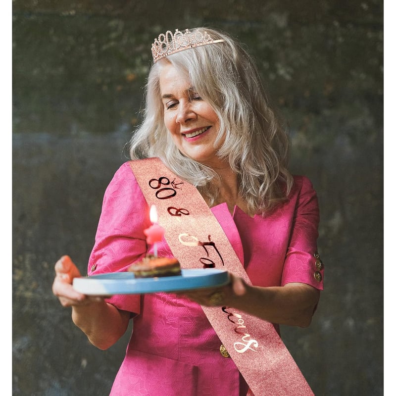 80th Birthday Crown & Sash Set with Pearl Pin for Women