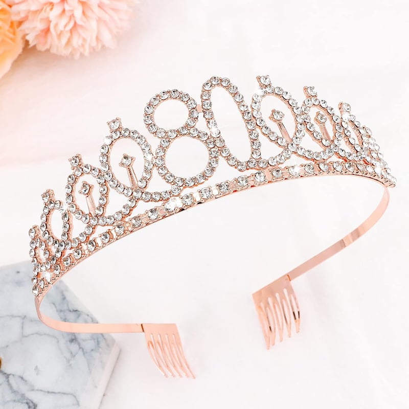 80th Birthday Crown & Sash Set with Pearl Pin for Women