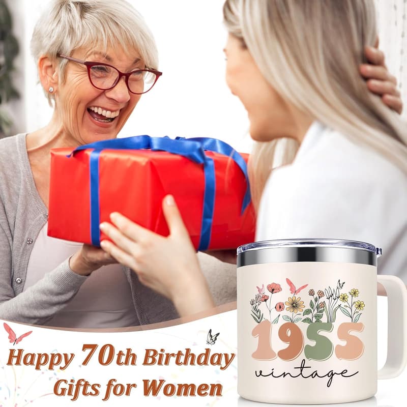 70th Birthday Vintage Insulated Mug with Card for Women