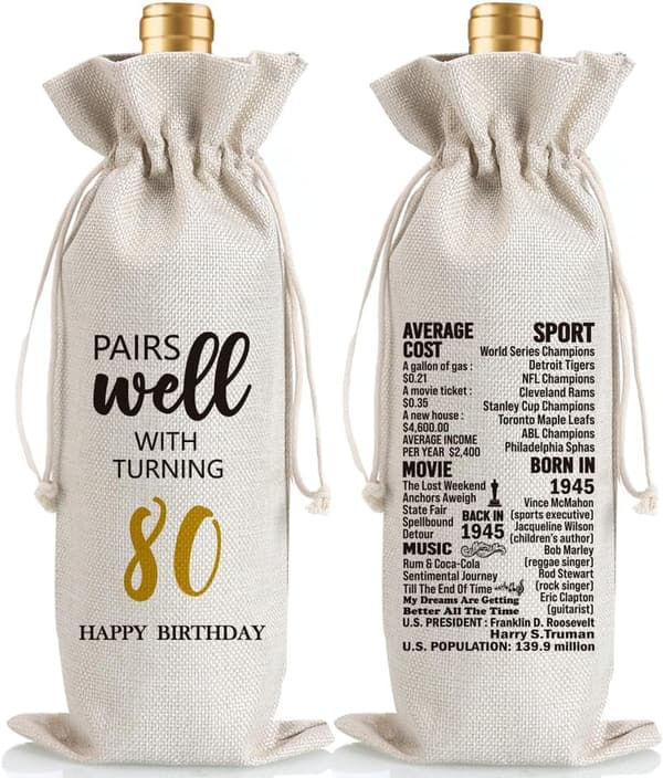 80th Birthday Wine Bag Gift for Men & Women, 1945 Decor