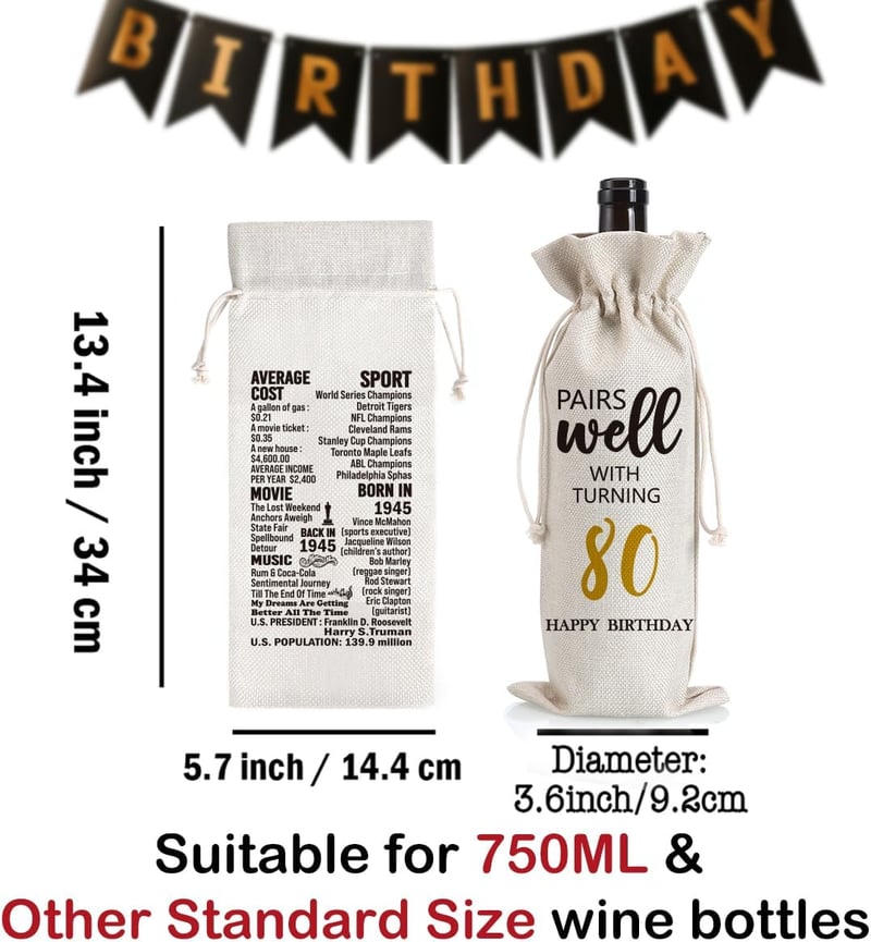 80th Birthday Wine Bag Gift for Men & Women, 1945 Decor