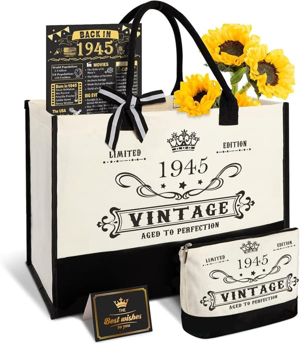 80th Birthday Canvas Tote Bag for Women - Vintage 1945 Design