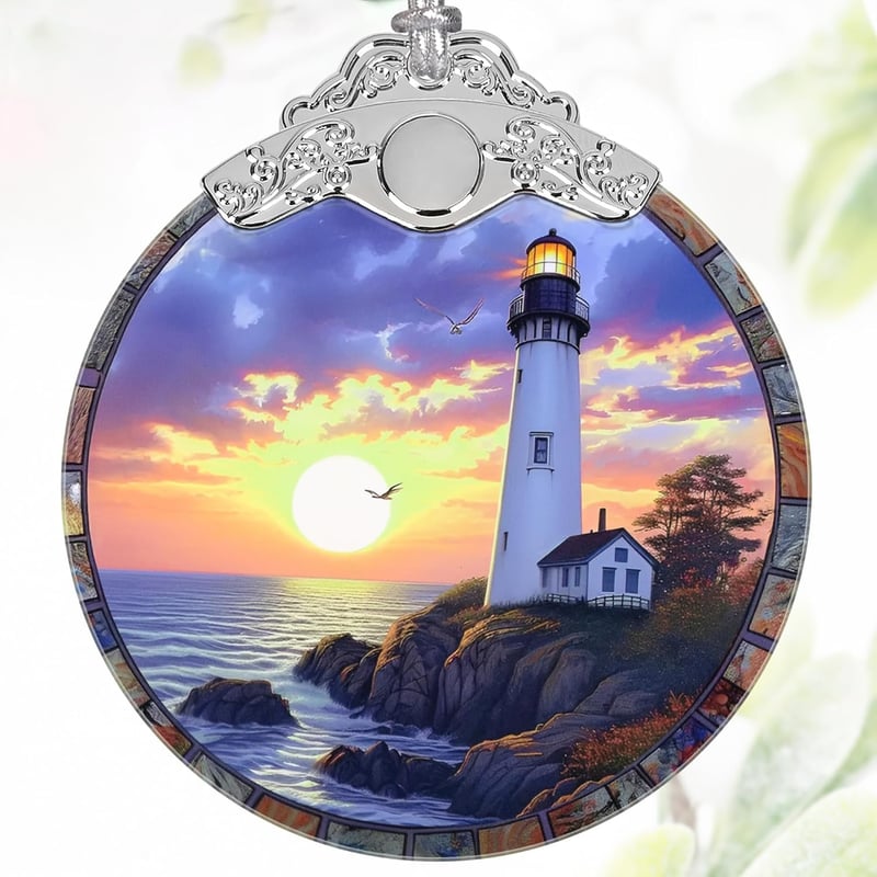 Lighthouse at Dusk Stained Glass Christmas Ornament