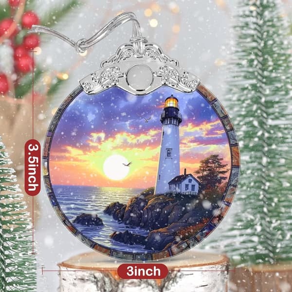 Lighthouse at Dusk Stained Glass Christmas Ornament