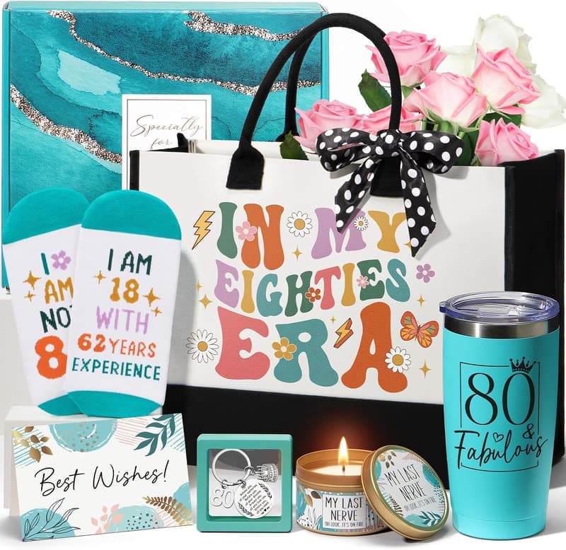 80th Birthday Gift Basket for Women with Canvas Tote Bag