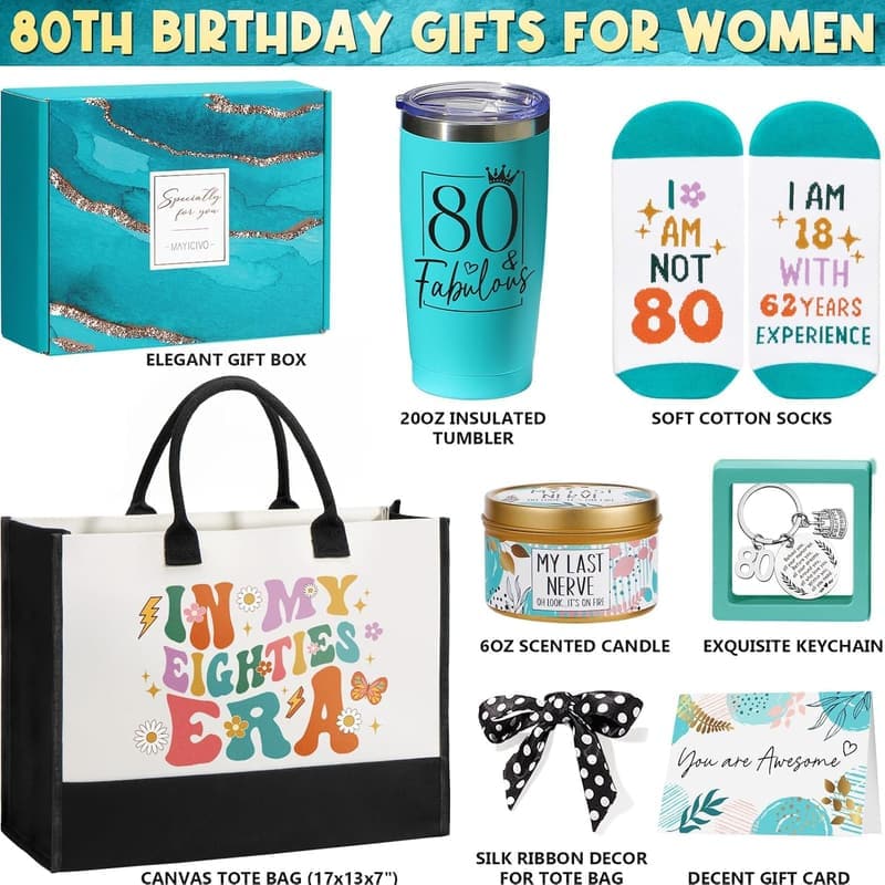 80th Birthday Gift Basket for Women with Canvas Tote Bag