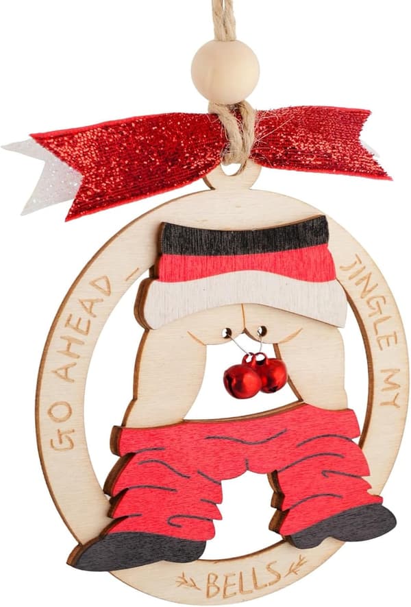 Naughty Santa Wooden Ornament with Bells - Funny Gift 2024