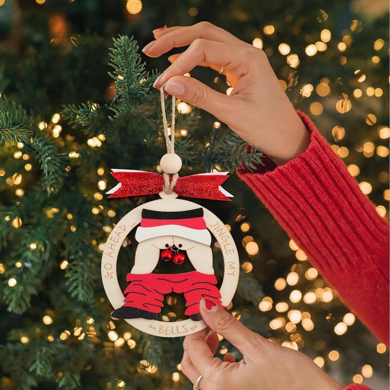 Naughty Santa Wooden Ornament with Bells - Funny Gift 2024