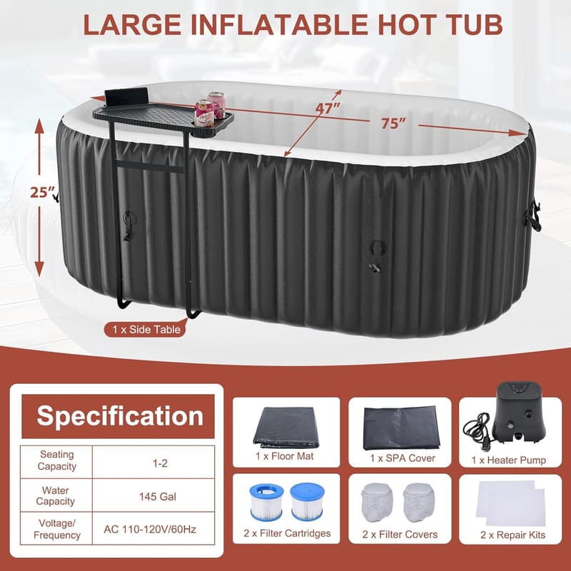 Portable Inflatable Hot Tub for 1-2 Persons with 100 Jets