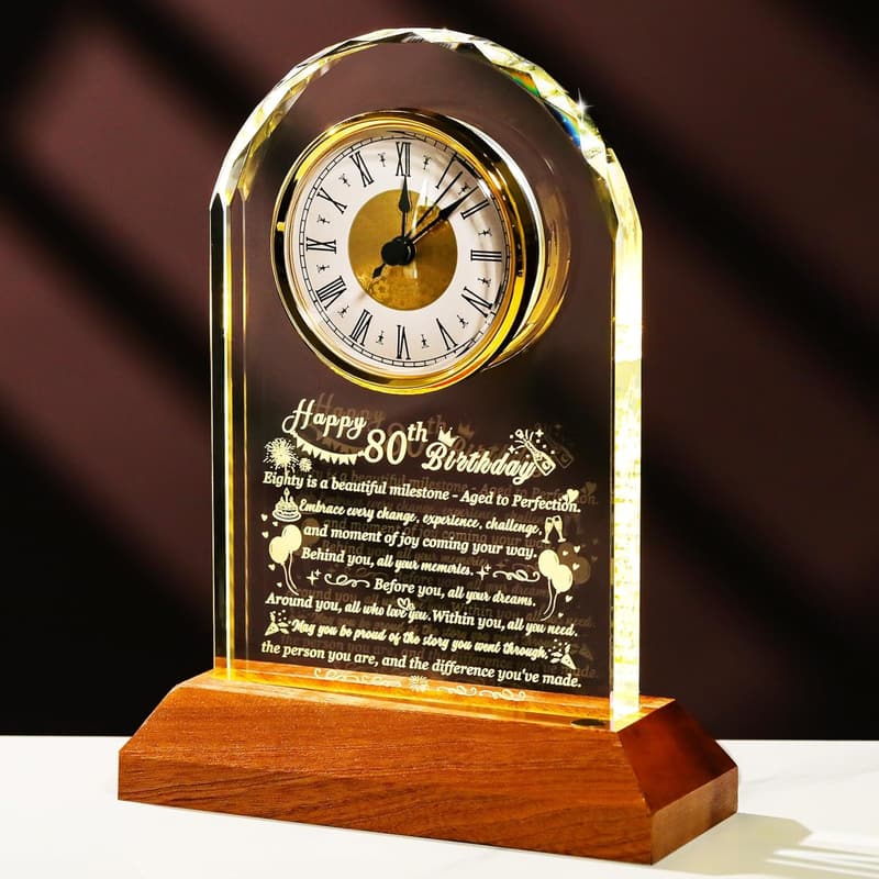 80th Birthday Quartz Clock with Wooden Base for Couples