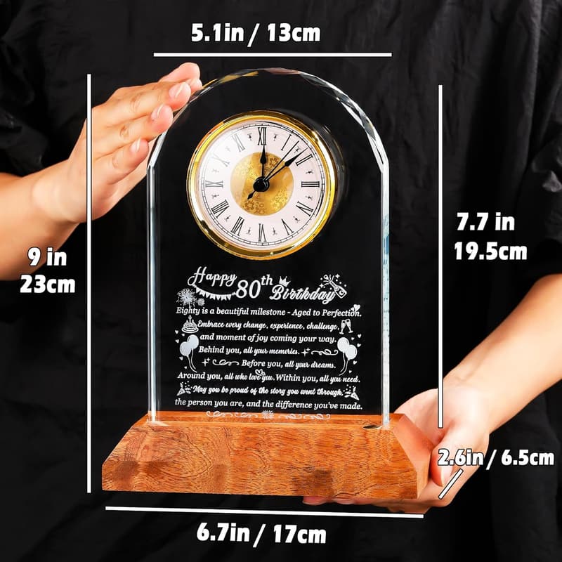80th Birthday Quartz Clock with Wooden Base for Couples