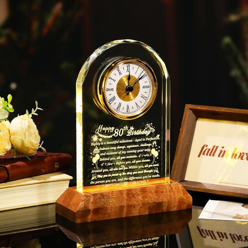 80th Birthday Quartz Clock with Wooden Base for Couples