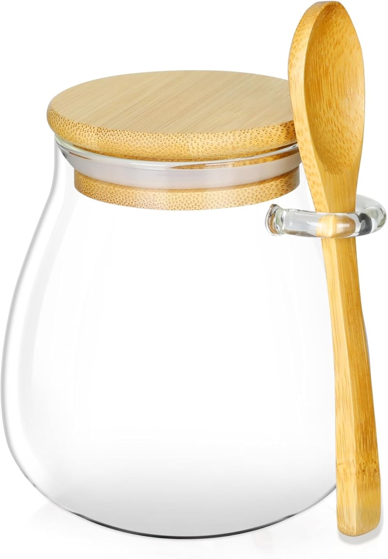 Clear Glass Sugar Bowl with Bamboo Lid & Spoon - 15oz Kitchen Canister