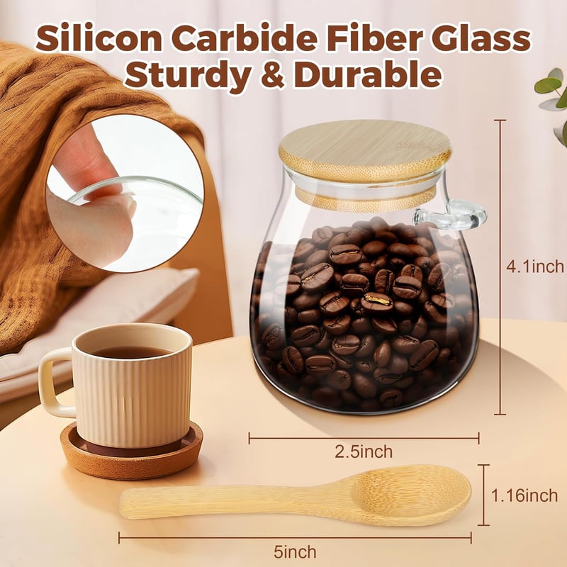 Clear Glass Sugar Bowl with Bamboo Lid & Spoon - 15oz Kitchen Canister
