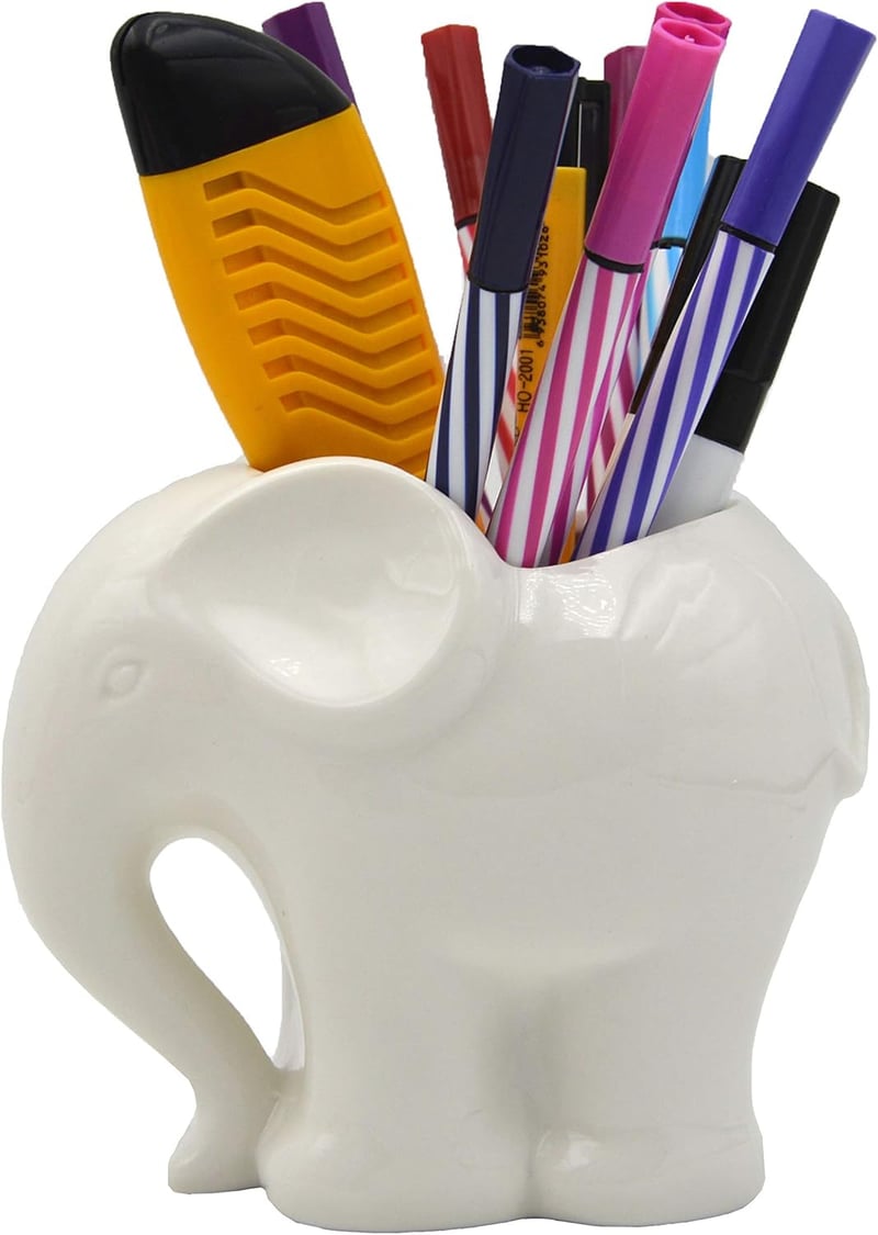 White Ceramic Elephant Pencil Holder - Ideal Gift for Women