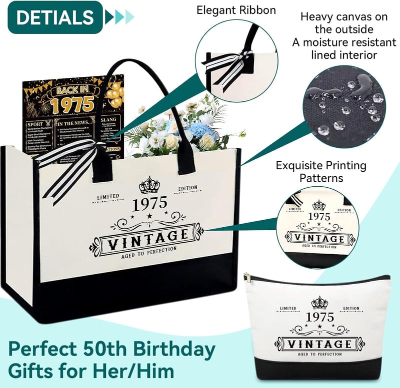 50th Birthday Gifts for Women - Canvas Tote & Makeup Bag Set