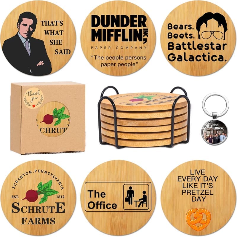Dunder Mifflin Coasters Set - Wooden Drink Coasters for Fans