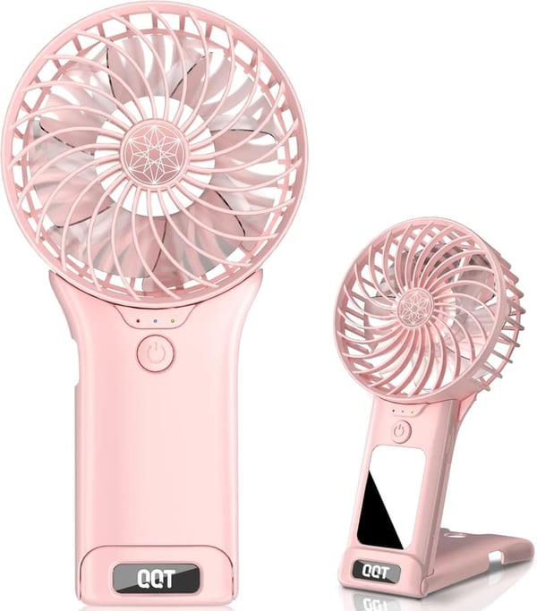 Portable Battery Operated Hand Fan with Mirror - 4 Speed, Pink