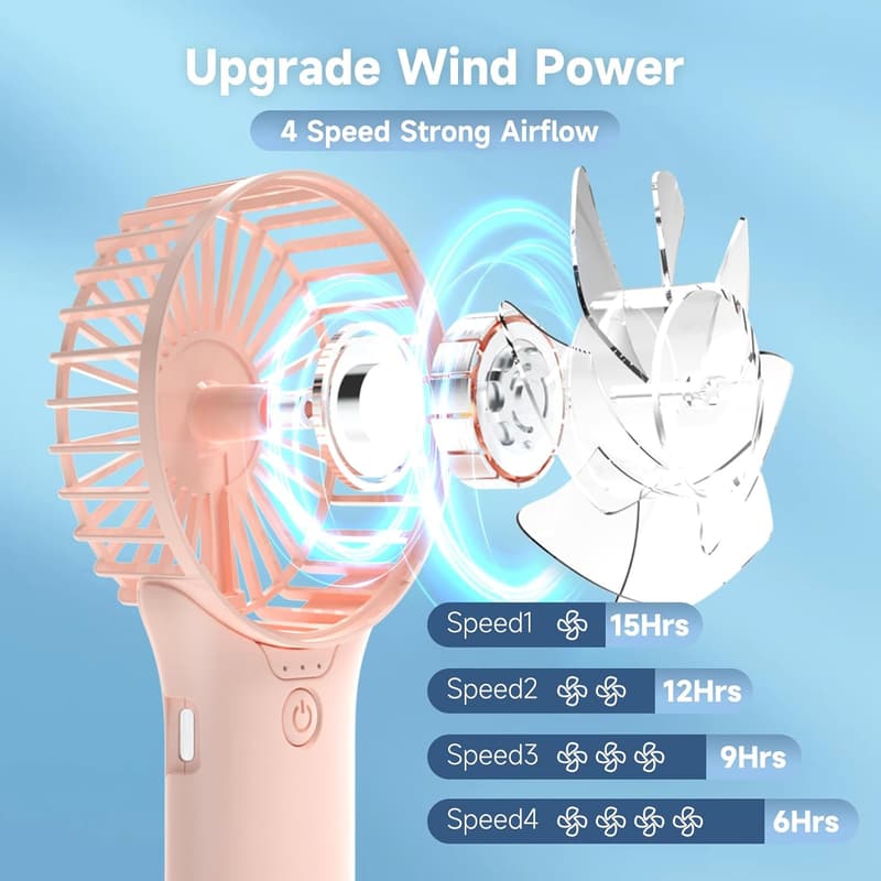 Portable Battery Operated Hand Fan with Mirror - 4 Speed, Pink