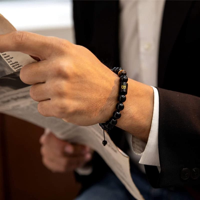 Men's Handmade Black Onyx & Tiger Eye Initials Bracelet