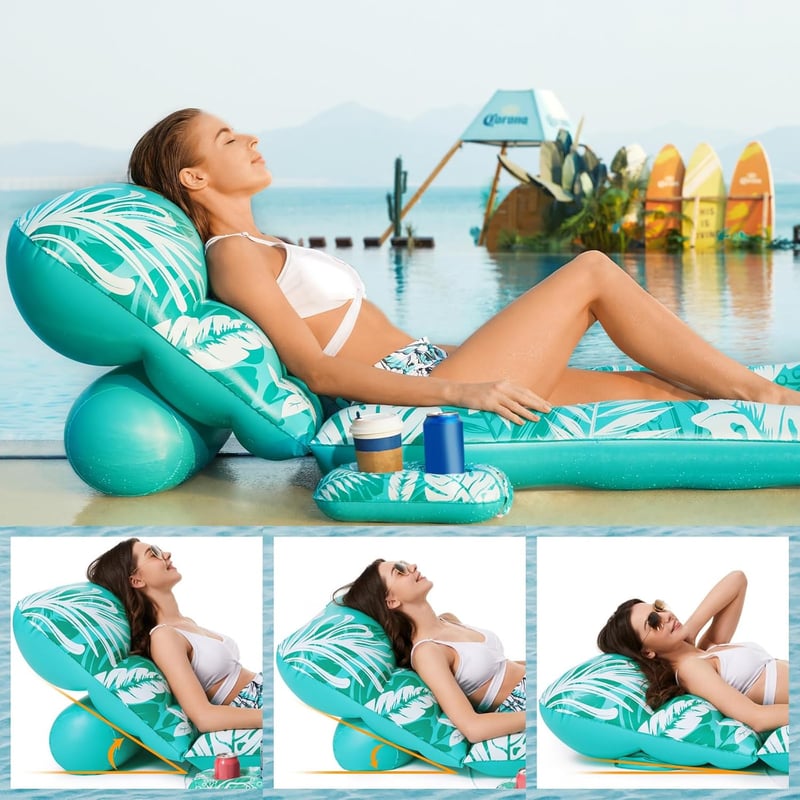 Adult Inflatable Pool Float with Adjustable Backrest & Cup Holders