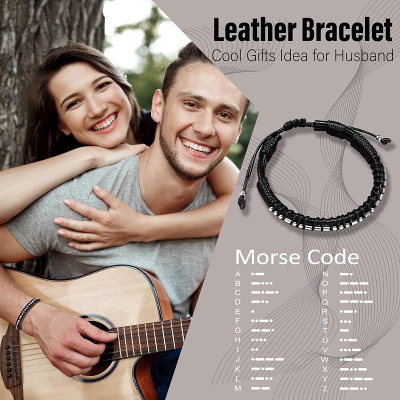 Graduation Gift: Adjustable Morse Code Leather Bracelets for Men
