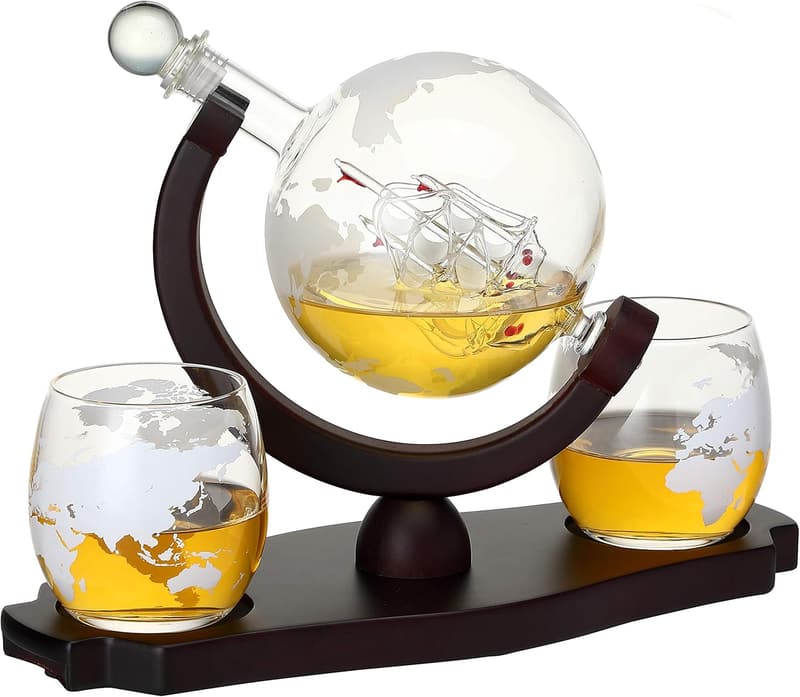 Whiskey Globe Decanter Set with 2 Etched Glasses in Gift Box