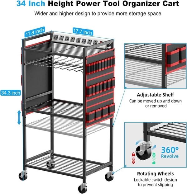 Heavy-Duty Tool Organizer Cart with Charging Station, Red