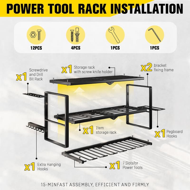 Heavy-Duty Wall Mount Tool Organizer with 7 Drill Holders