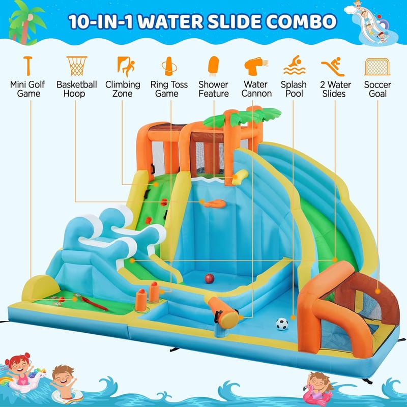 Inflatable Water Slide Park with Golf Course and Dual Slides for Kids