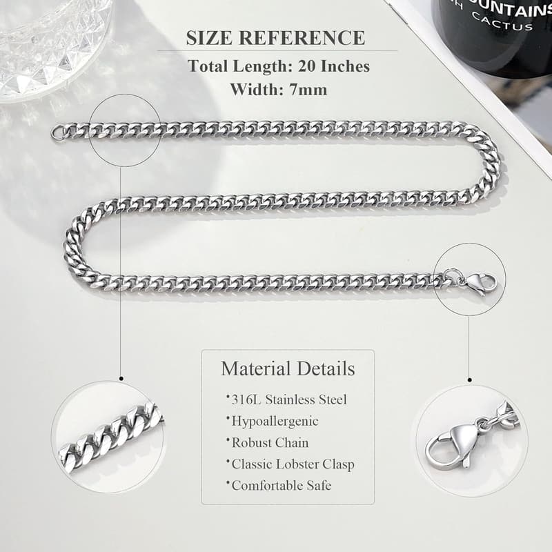 Men's Stainless Steel Cuban Link Chain Necklace - 20 Inches
