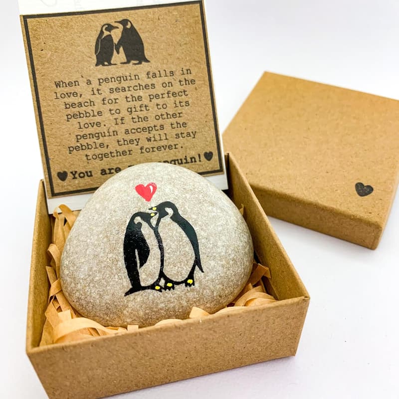 Unique Hand-Painted Penguin Pebble – Personalized Gift for Couples