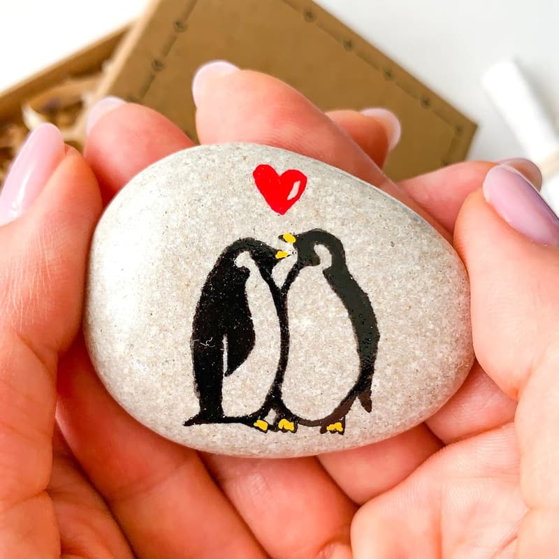 Unique Hand-Painted Penguin Pebble – Personalized Gift for Couples