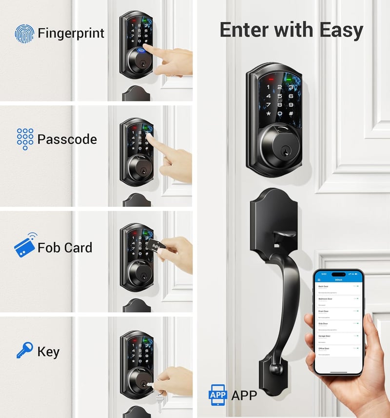Smart Fingerprint Lock Set with Keypad & App Control - Matte Black