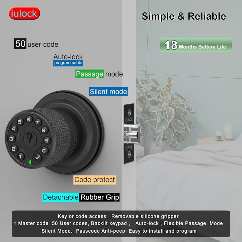 Matte Black Smart Door Lock with 50 User Codes, Waterproof