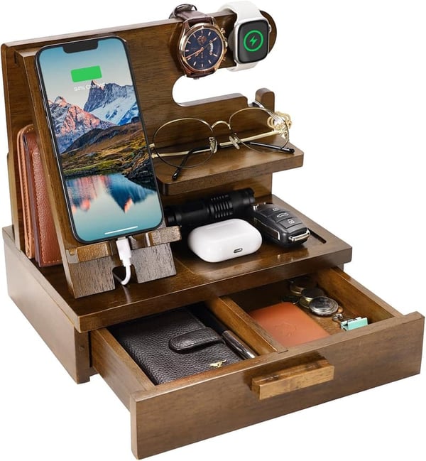 Father's Day Wood Phone Docking Station Organizer with Drawer