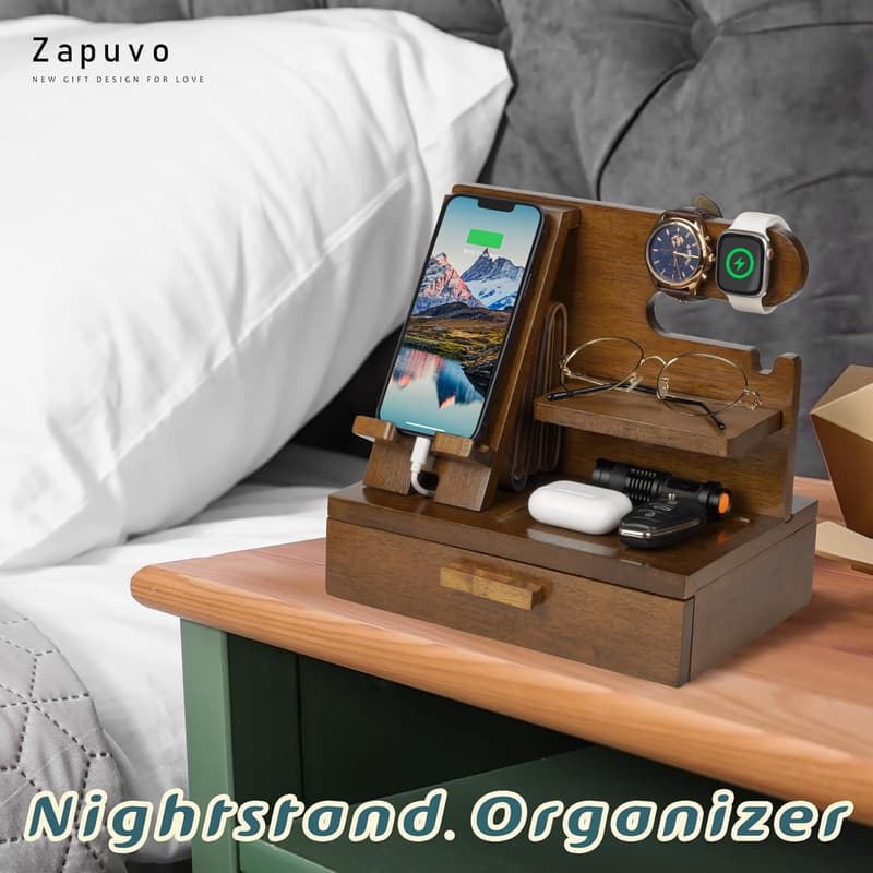 Father's Day Wood Phone Docking Station Organizer with Drawer